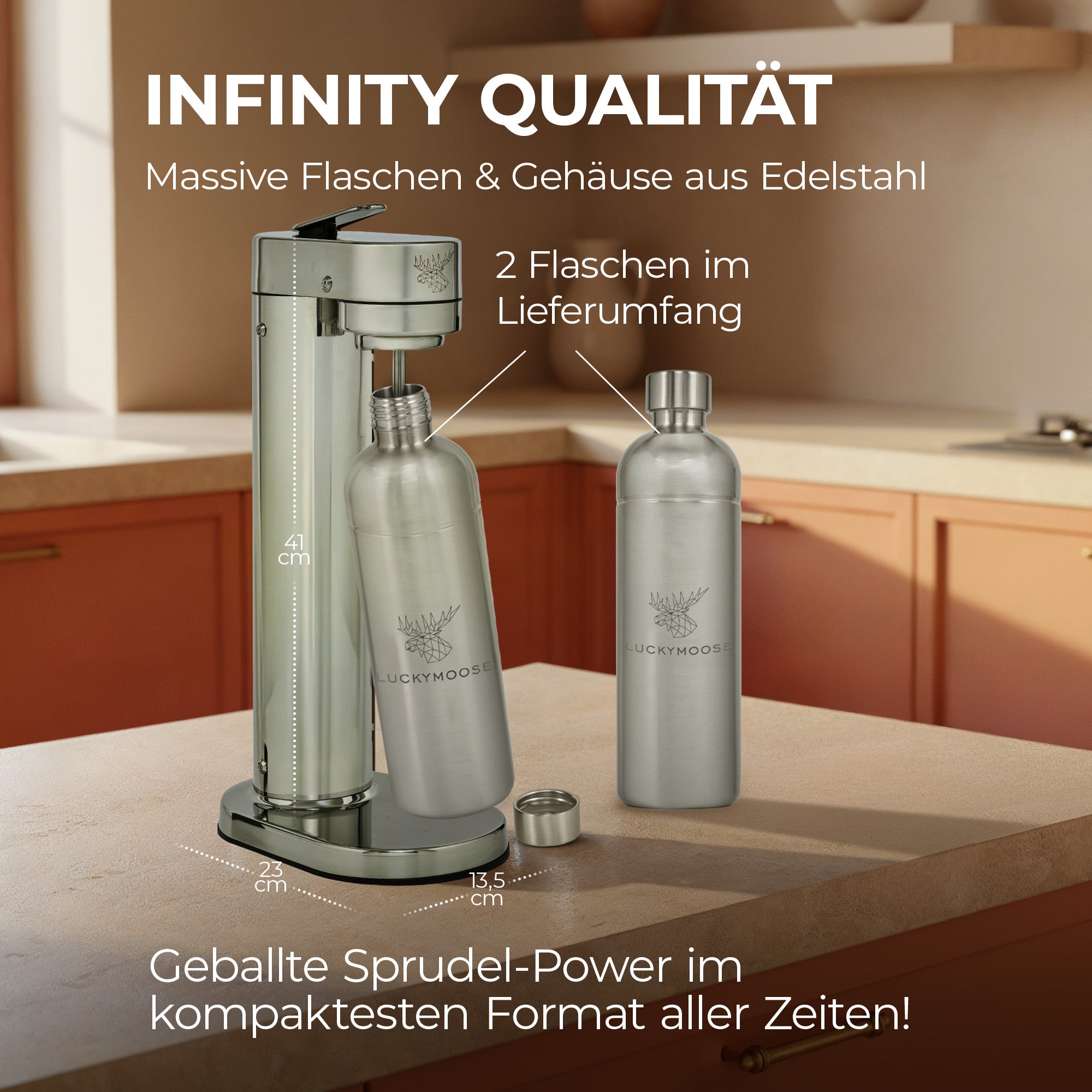 Infinity-S Wassersprudler mit 2x 1,25L Edelstahlflaschen