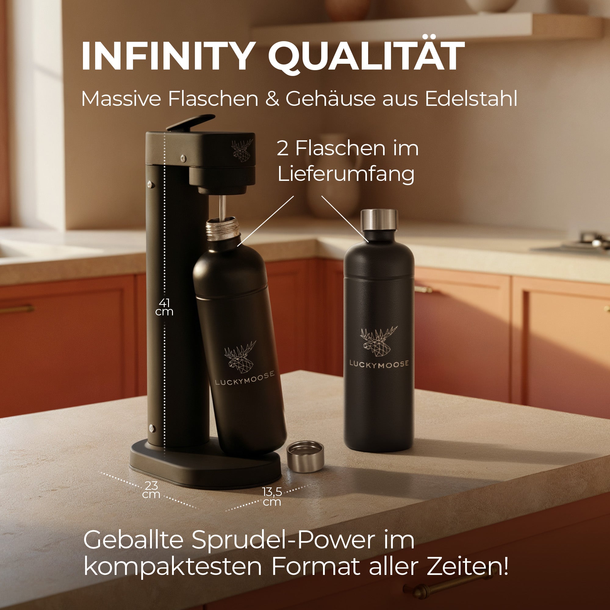 Infinity-S Wassersprudler mit 2x 1,25L Edelstahlflaschen