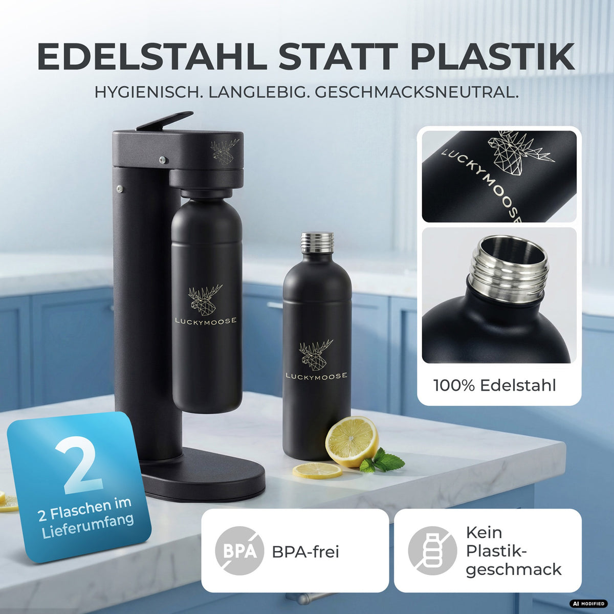 Infinity-S Wassersprudler mit 1,25L Edelstahlflaschen