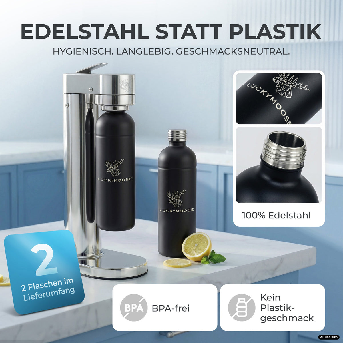 Infinity-S Wassersprudler mit 1,25L Edelstahlflaschen