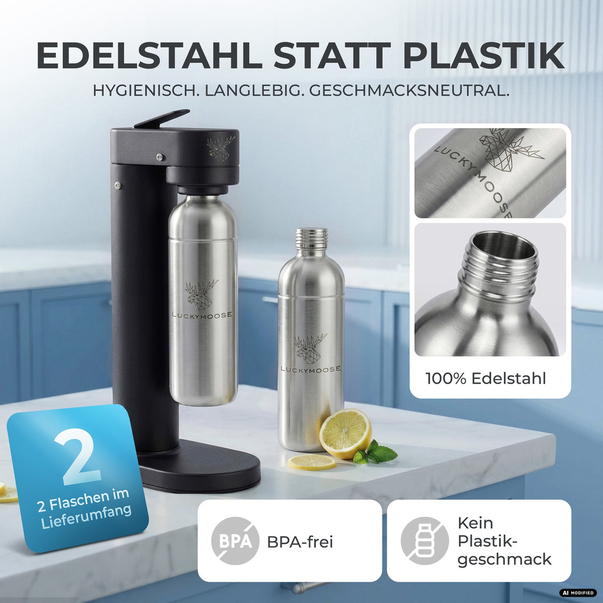 Infinity-S Wassersprudler mit 1,25L Edelstahlflaschen