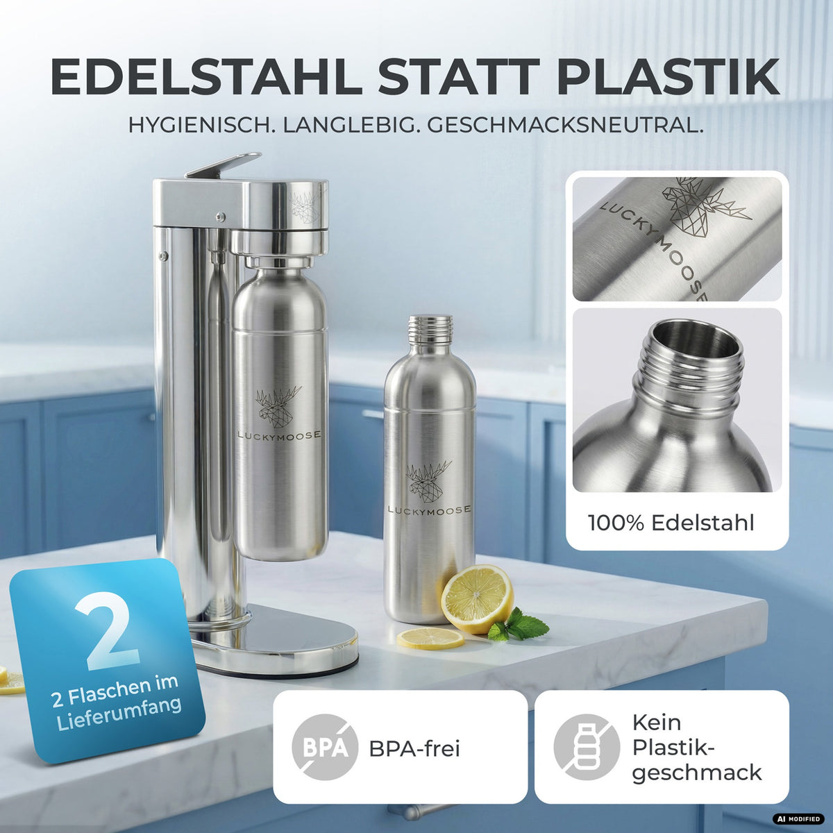 Infinity-S Wassersprudler mit 1,25L Edelstahlflaschen