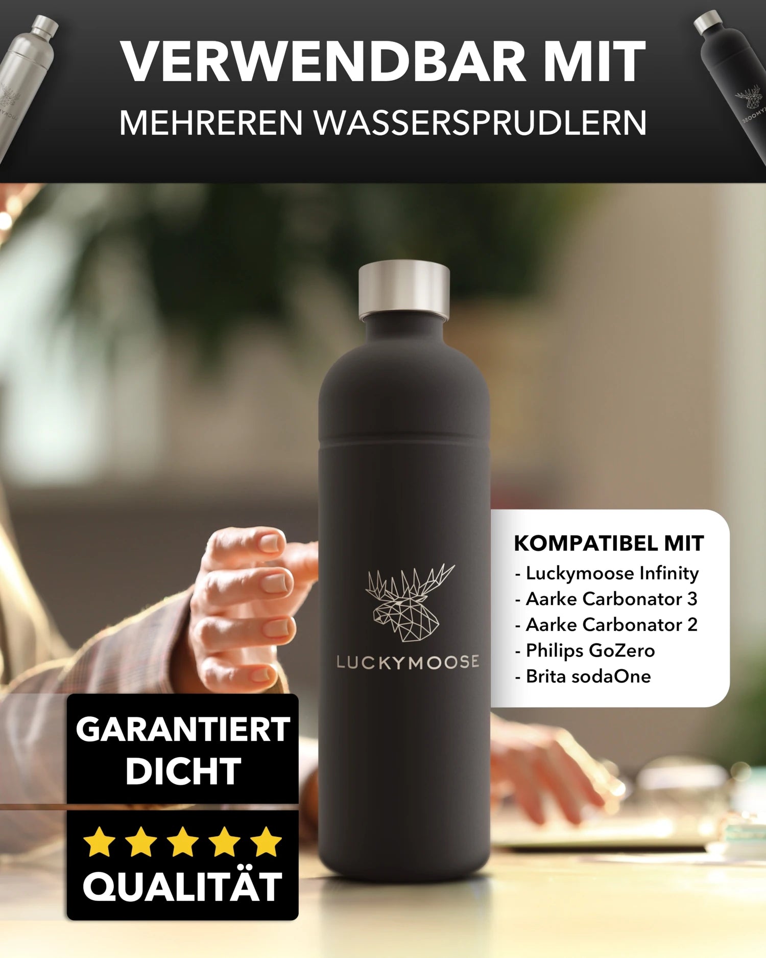 Luckymoose® Infinity Flasche 1,25L für Aarke Carbonator 3, Philips GoZero & Brita sodaOne Luckymoose® Infinity Flasche 1,25L für Aarke Carbonator 3, Philips GoZero & Brita sodaOne