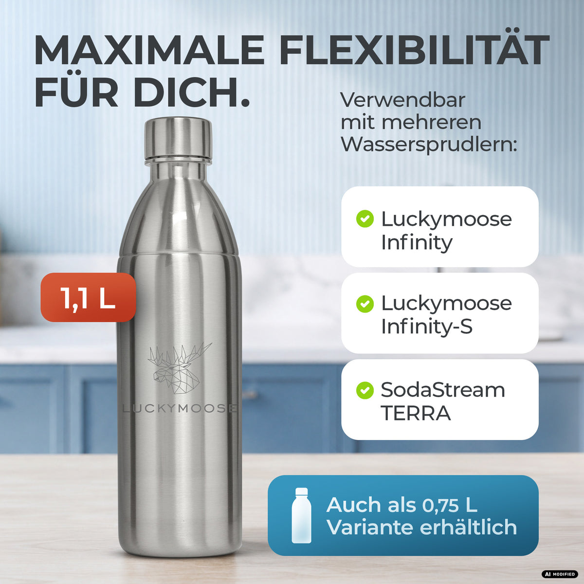 Bouteille en acier inoxydable Infinity pour 1,1L & 0,75L Sodastream TERRA & DUO