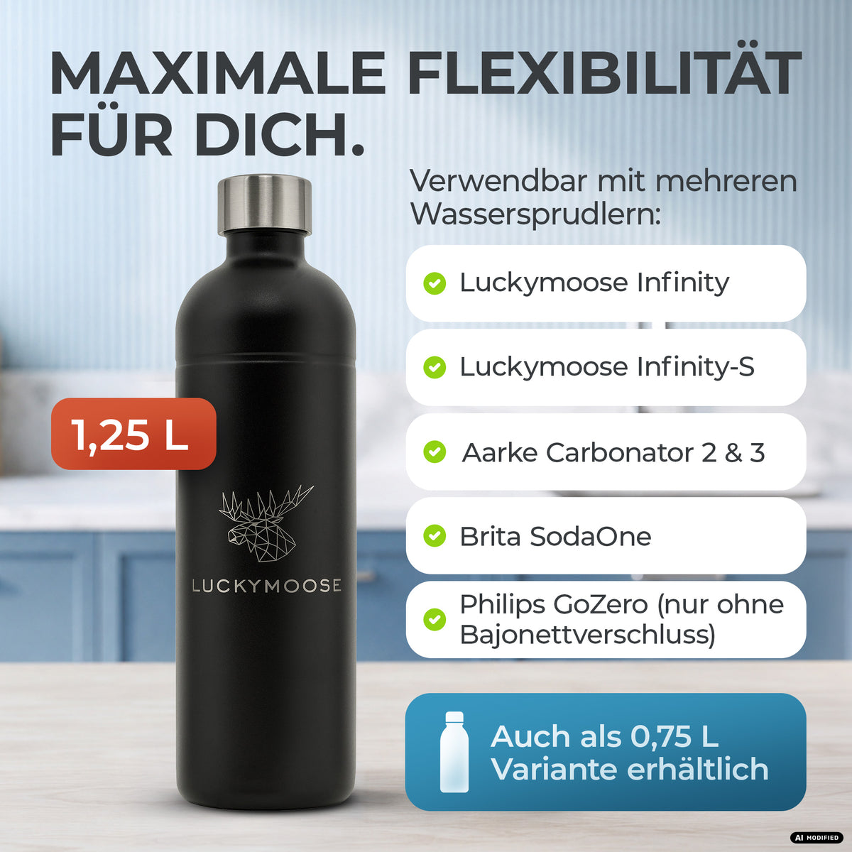 Edelstahl Flasche für Aarke Carbonator, Philips & Brita Wassersprudler – Luckymoose