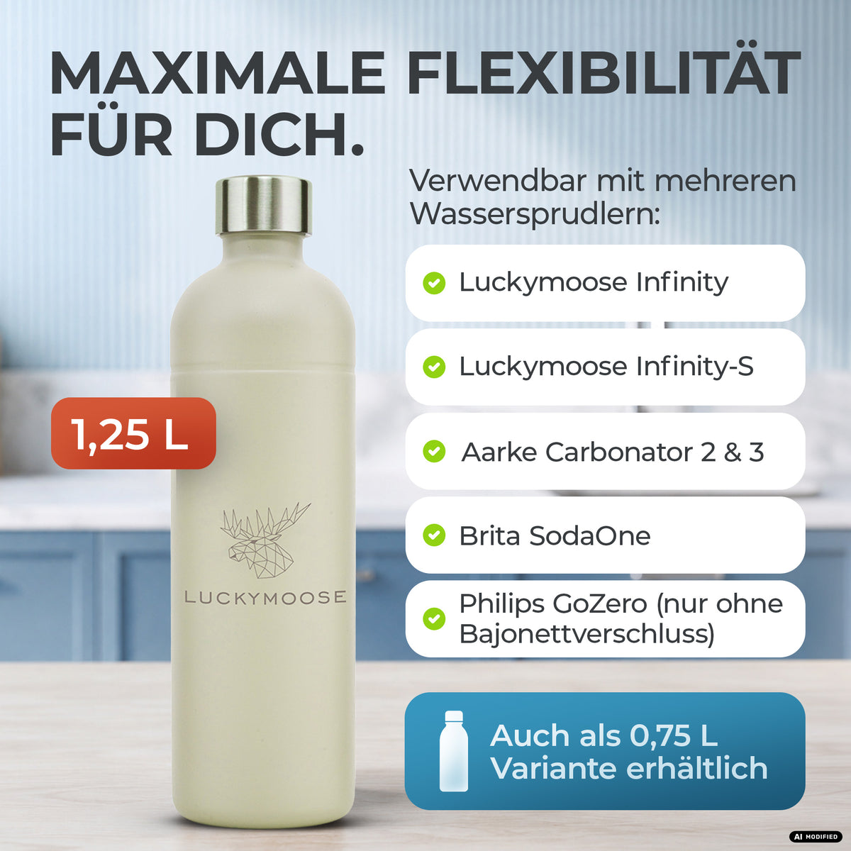 Bouteille en acier inoxydable Infinity 1,25L & 0,75L pour Aarke, Philips, Brita