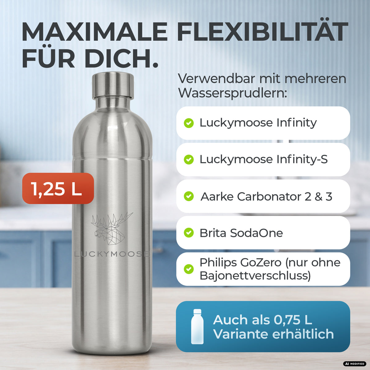 Bouteille en acier inoxydable Infinity 1,25L & 0,75L pour Aarke, Philips, Brita