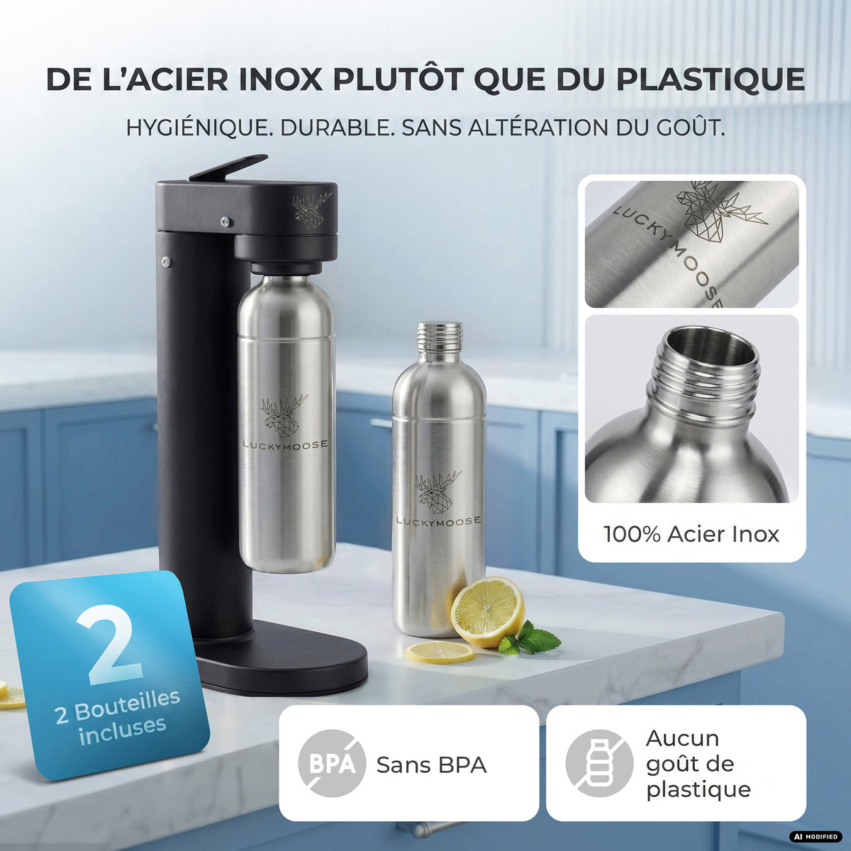 Machine à eau gazeuse Infinity-S avec 2 bouteilles en acier inoxydable d