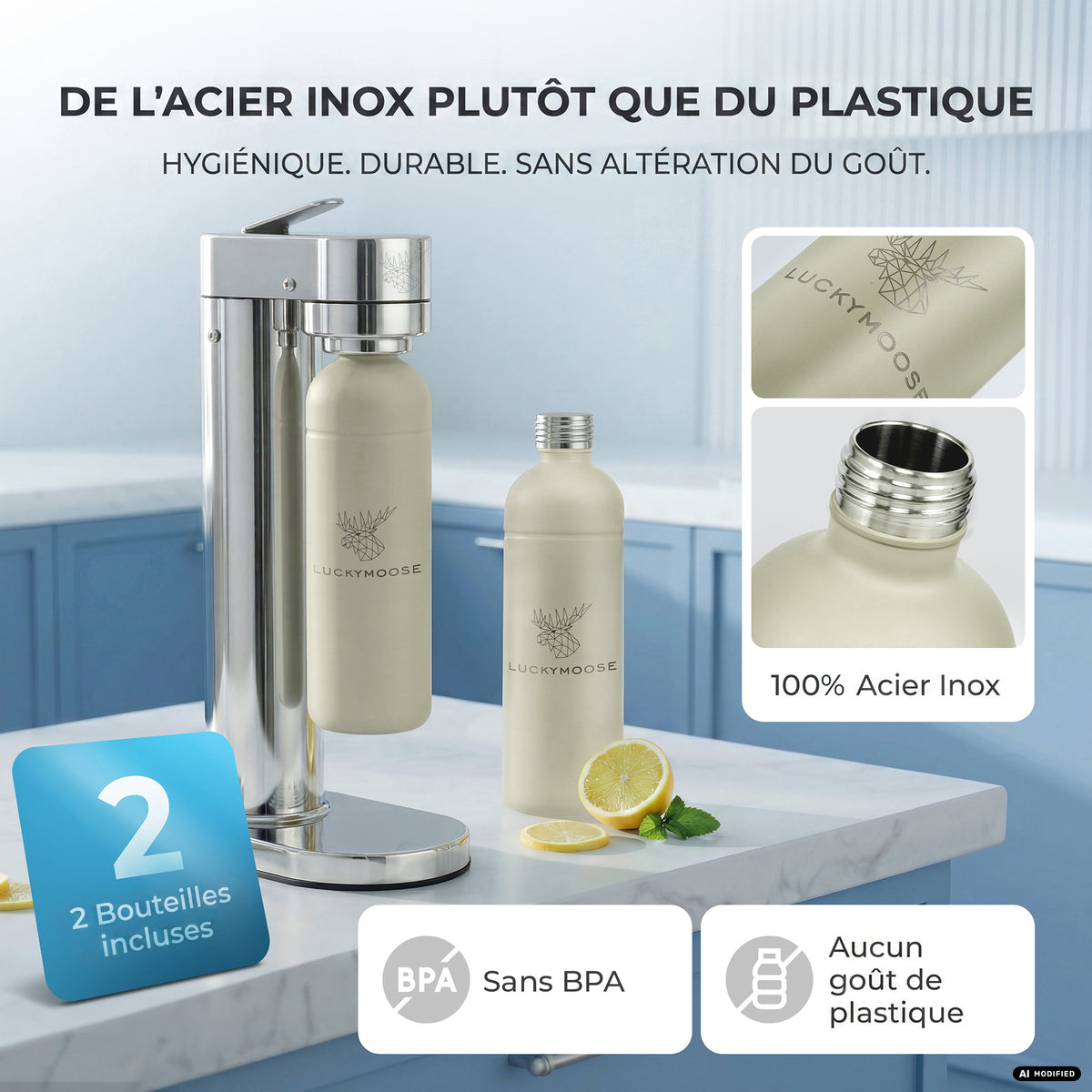 Machine à eau gazeuse Infinity-S avec 2 bouteilles en acier inoxydable d
