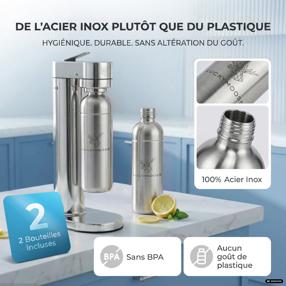 Machine à eau gazeuse Infinity-S avec 2 bouteilles en acier inoxydable d