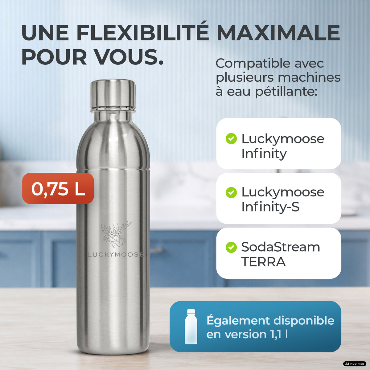 Bouteille en acier inoxydable Infinity pour 1,1L & 0,75L Sodastream TERRA & DUO