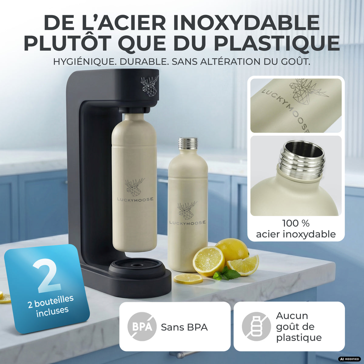Infinity siphon à eau avec 2 bouteilles en acier inoxydable de 1,25 L