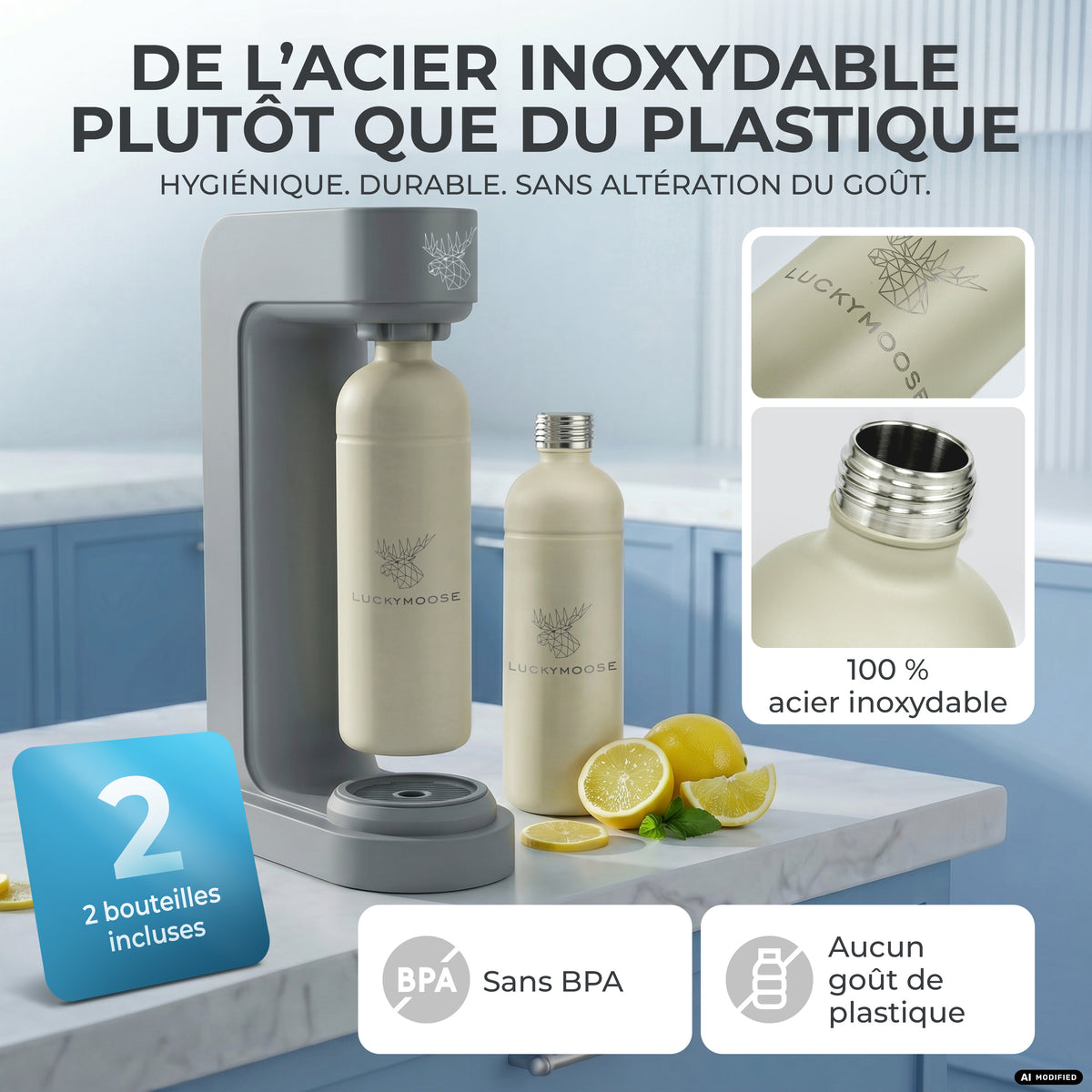 Infinity siphon à eau avec 2 bouteilles en acier inoxydable de 1,25 L
