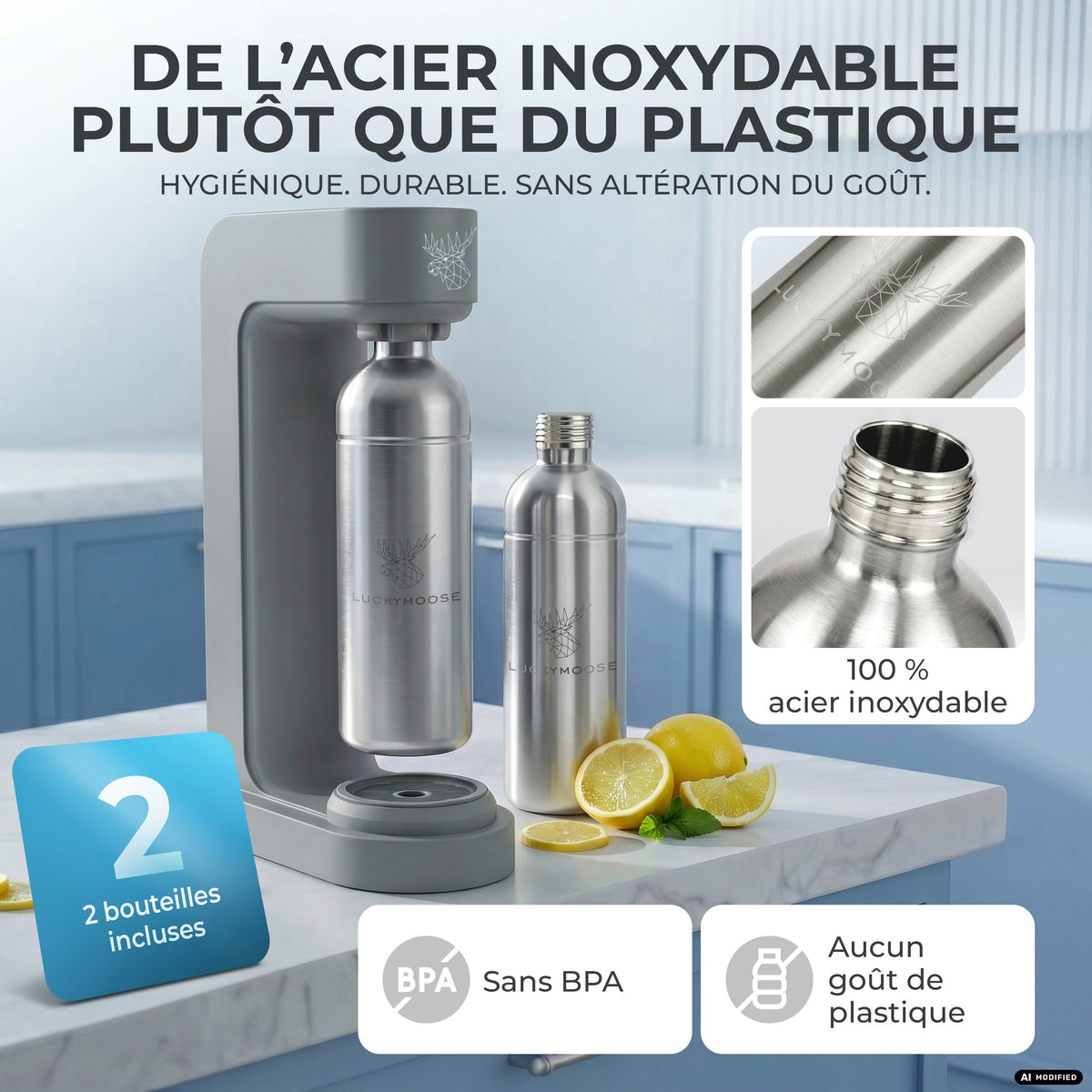Infinity siphon à eau avec 2 bouteilles en acier inoxydable de 1,25 L