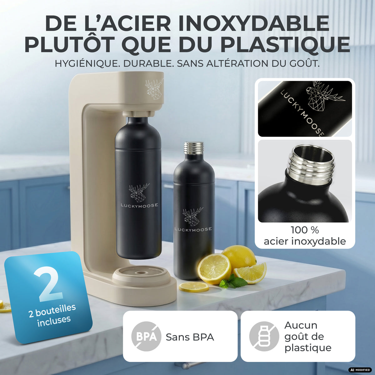 Infinity siphon à eau avec 2 bouteilles en acier inoxydable de 1,25 L
