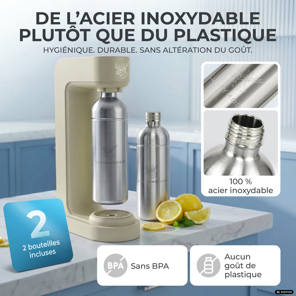 Infinity siphon à eau avec 2 bouteilles en acier inoxydable de 1,25 L