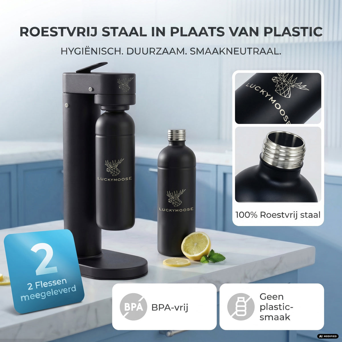 Infinity-S water carbonator with 2x 1.25L stainless steel bottles