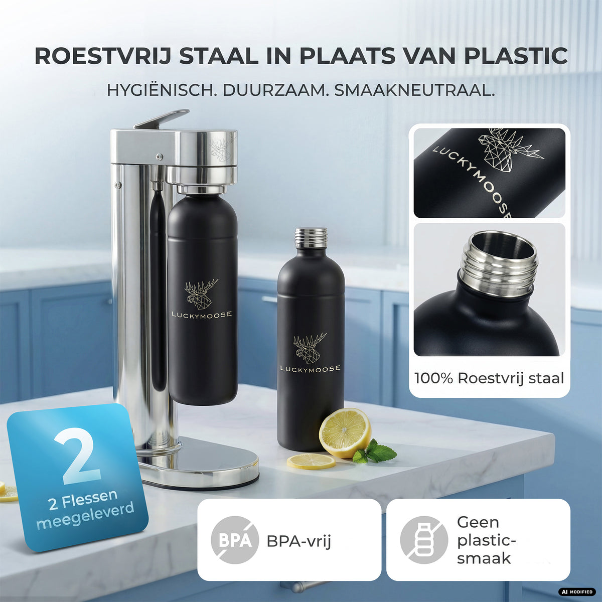 Infinity-S water carbonator with 2x 1.25L stainless steel bottles