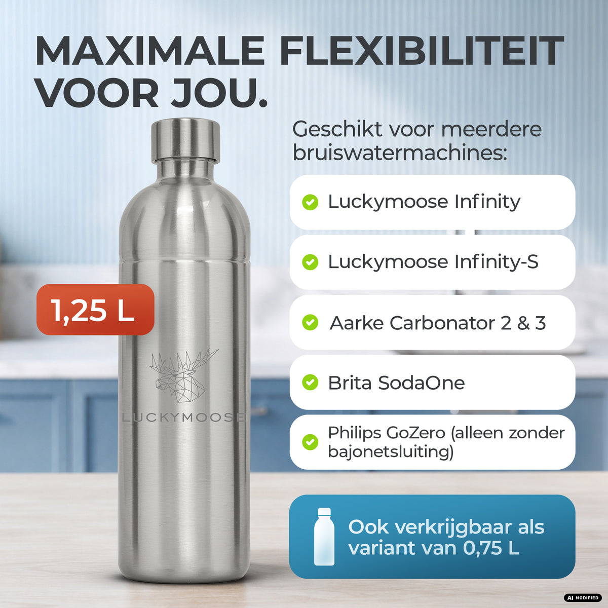 Infinity RVS-fles 1,25L & 0,75L voor Aarke, Philips, Brita