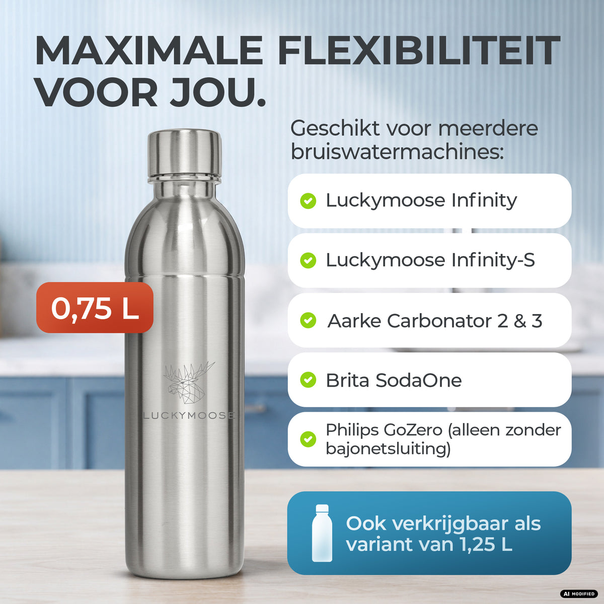 Infinity RVS-fles 1,25L & 0,75L voor Aarke, Philips, Brita