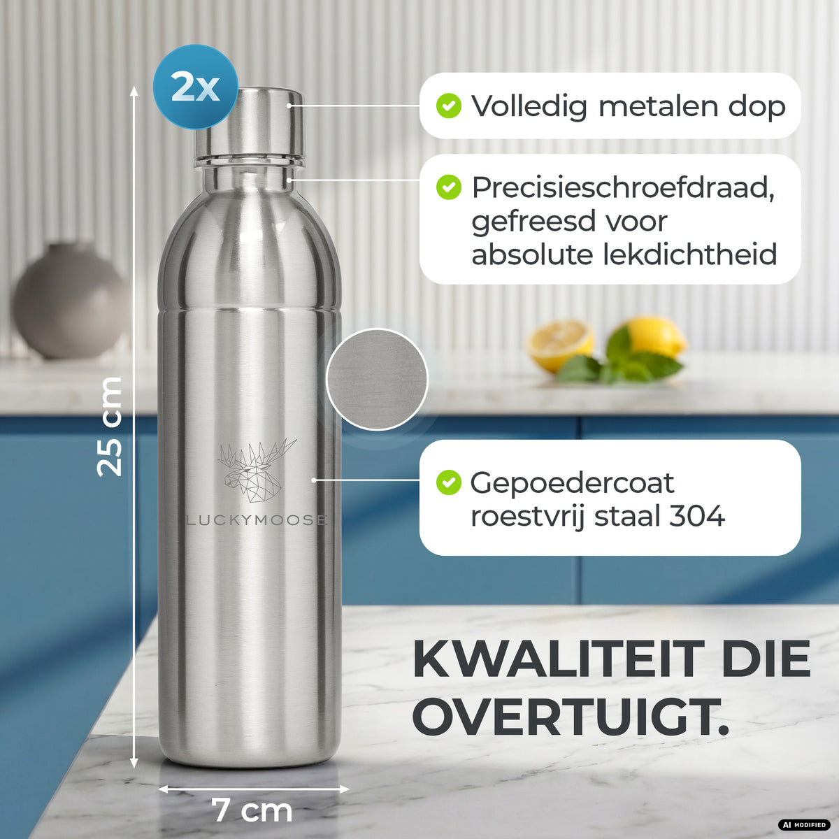 Infinity RVS-fles 1,25L & 0,75L voor Aarke, Philips, Brita