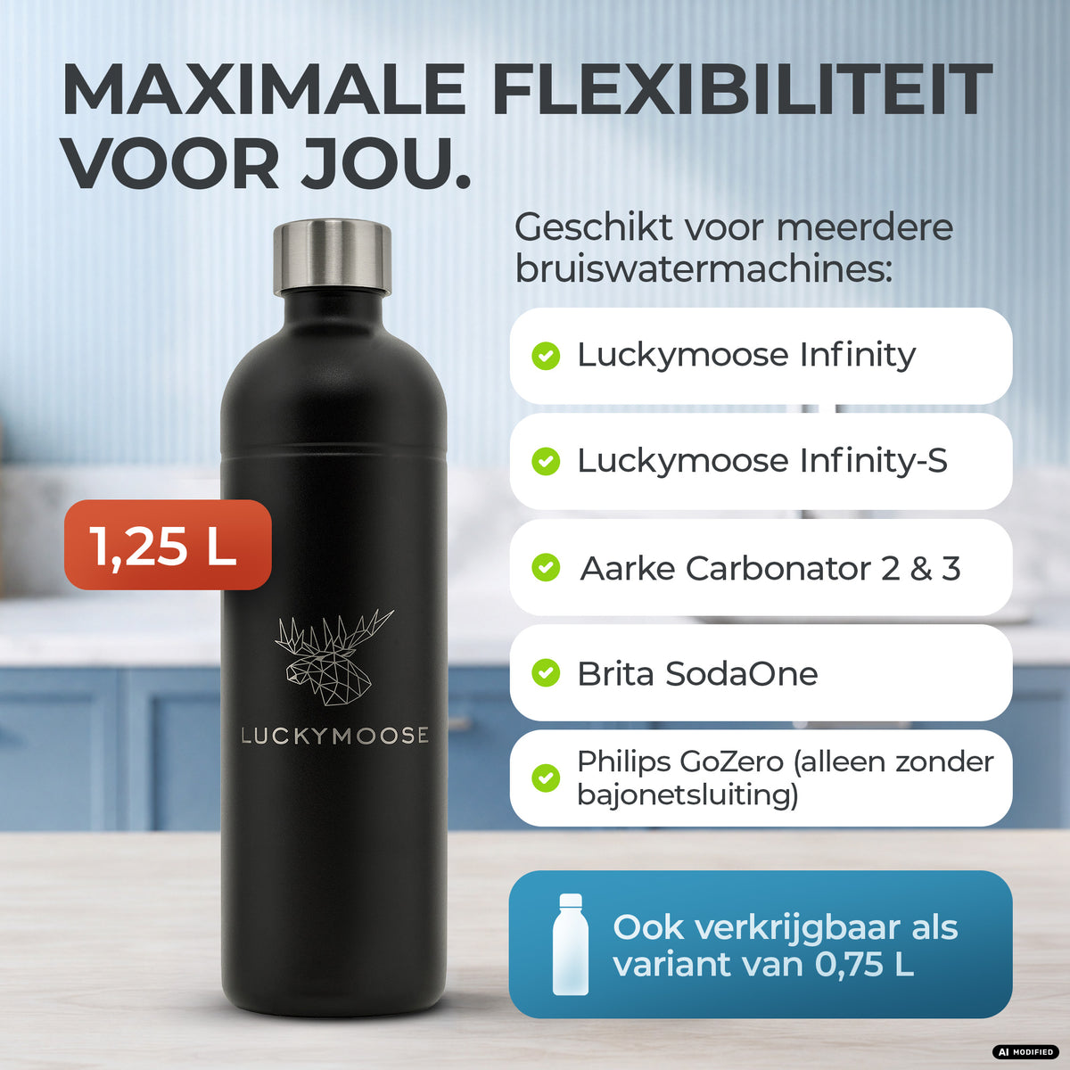 Infinity RVS-fles 1,25L & 0,75L voor Aarke, Philips, Brita