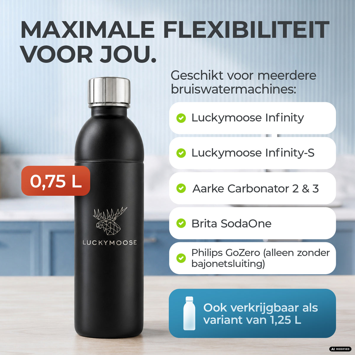 Infinity RVS-fles 1,25L & 0,75L voor Aarke, Philips, Brita