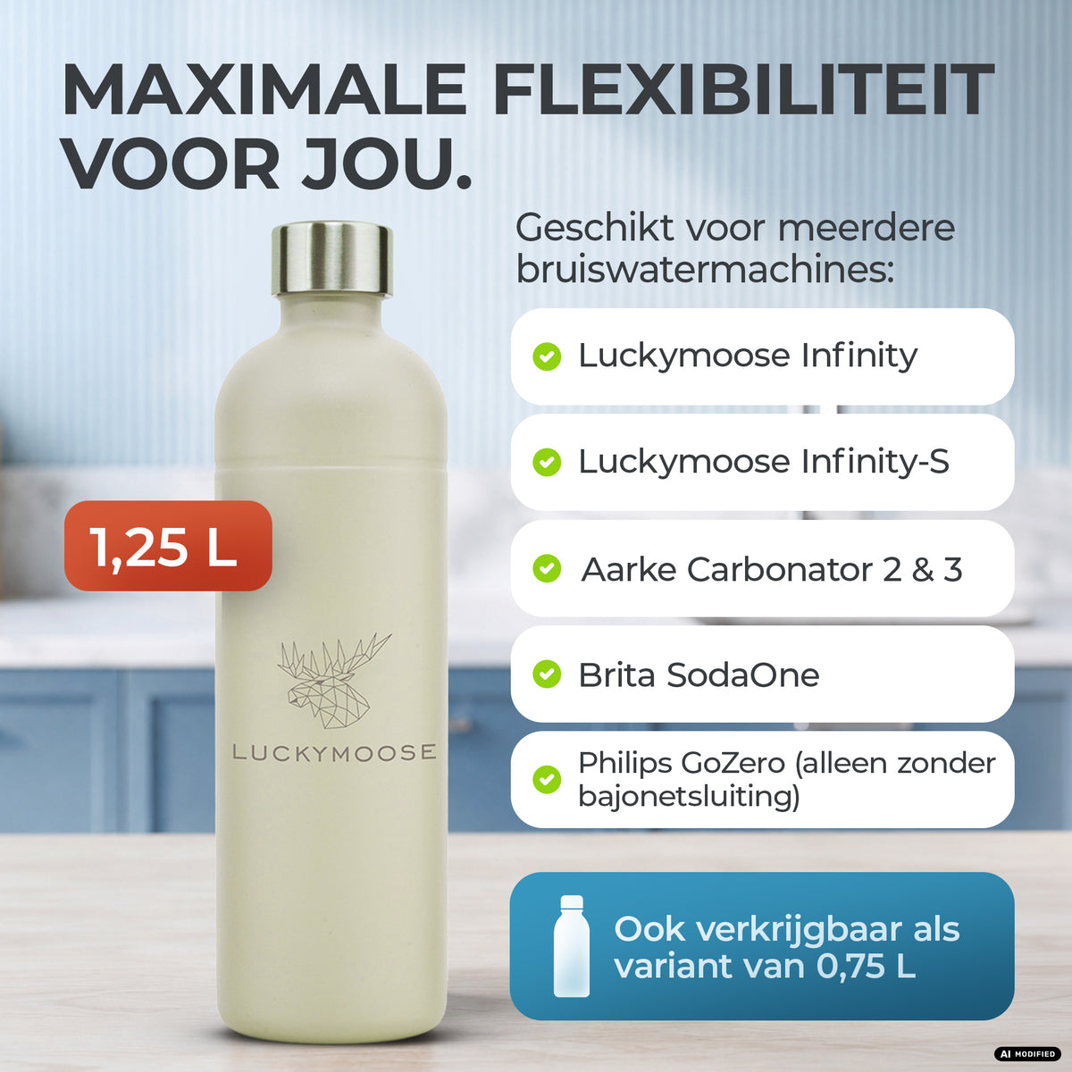 Infinity RVS-fles 1,25L & 0,75L voor Aarke, Philips, Brita