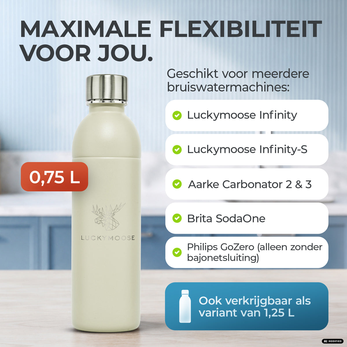 Infinity RVS-fles 1,25L & 0,75L voor Aarke, Philips, Brita