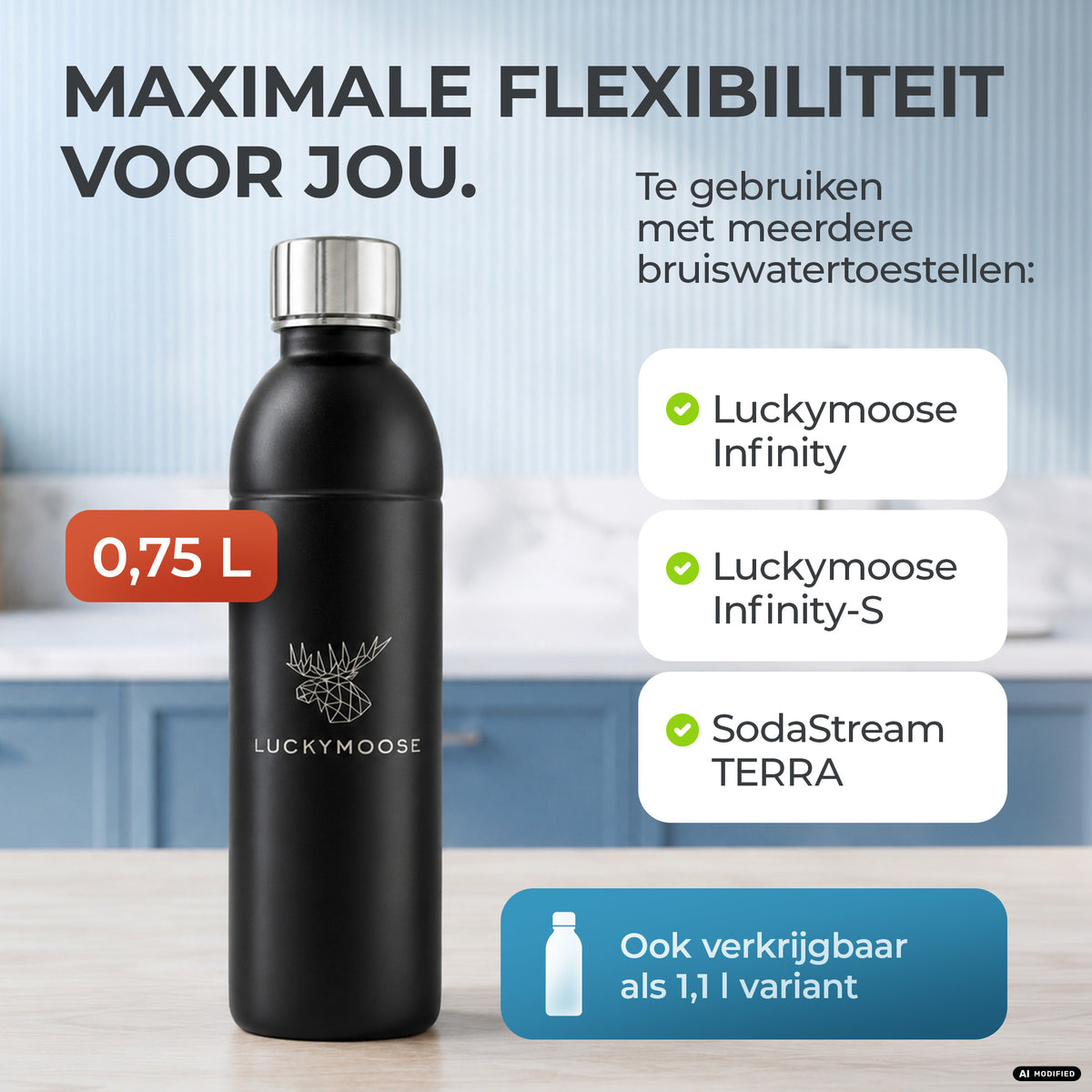 Infinity RVS-fles voor 1,1L & 0,75L Sodastream TERRA & DUO